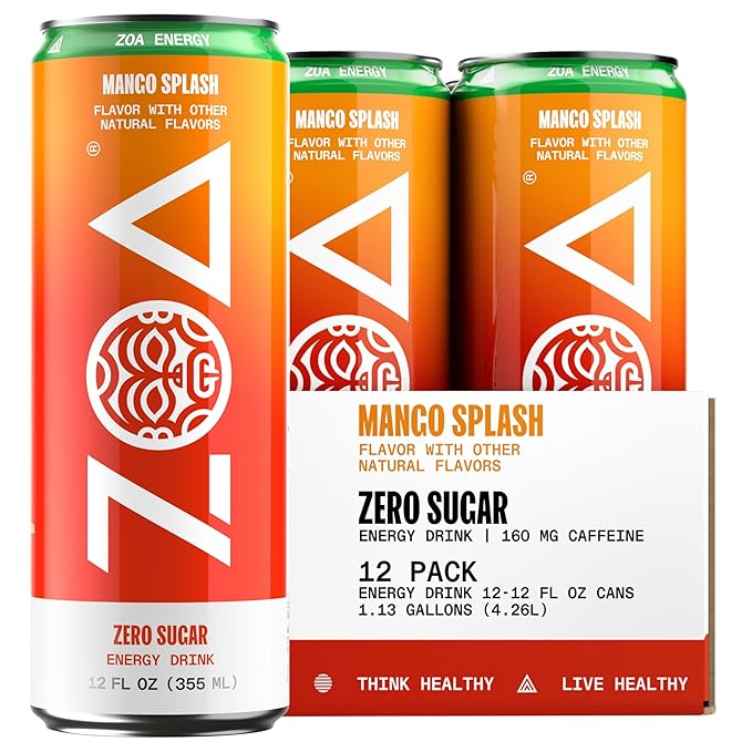ZOA Zero Sugar Energy Drinks, Mango Splash - Sugar Free with Electrolytes, Healthy Vitamin C, Amino