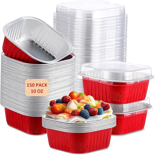 Aoriher 150 Pieces 10 oz Mini Cake Pans with Lids Aluminum Foil Baking Cups Square Disposable 4" x