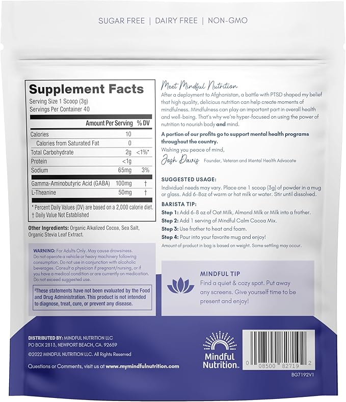 Mindful Calm Sugar Free Hot Chocolate Mix - 40 Servings - Anti-Stress Drink Mix Powder Sleepy Cocoa