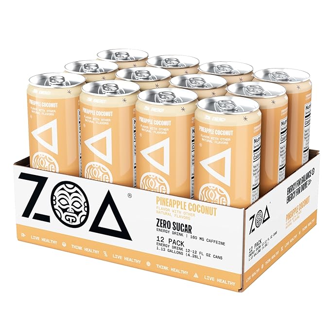ZOA Zero Sugar Energy Drinks, Pineapple Coconut - Sugar Free with Electrolytes, Healthy Vitamin C