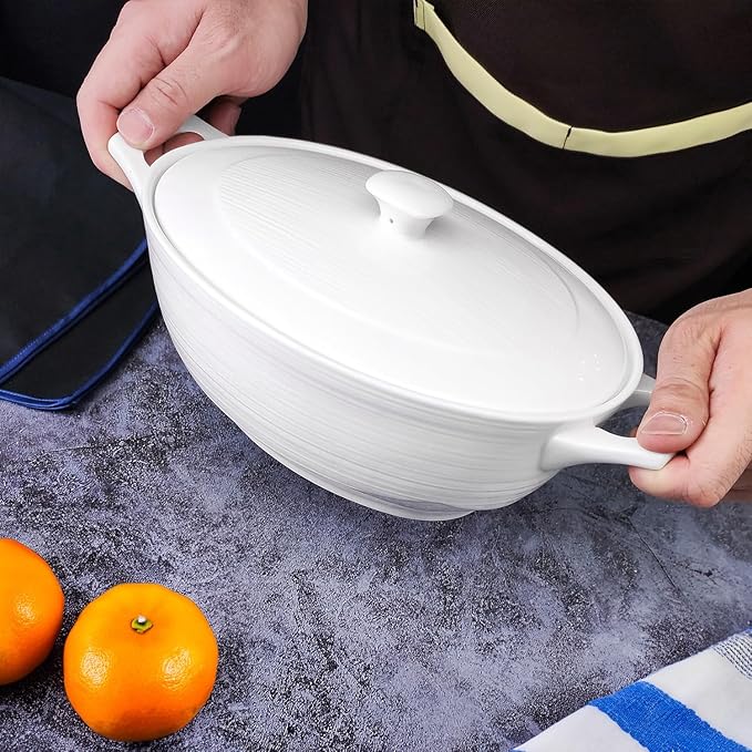 9" x 6.5" Oval Casserole Dish with Lids,1.9 Quart French White Ceramic Serving Soup Tureens, Baking