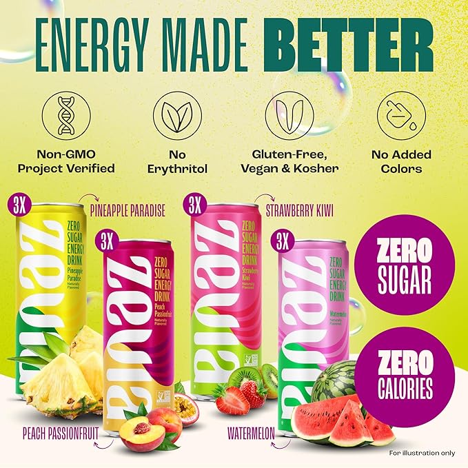 Zevia Zero Sugar Energy Drink, Fruity Fuel Variety Pack, 12 oz Cans (12-Pack) – Naturally
