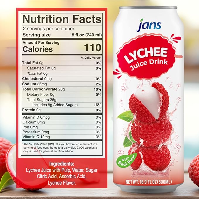 Jans Tropical Lychee Juice Drink with 100% Real Lychee Jelly (12-Pack,16.9 Fl Oz Canned) - Superior