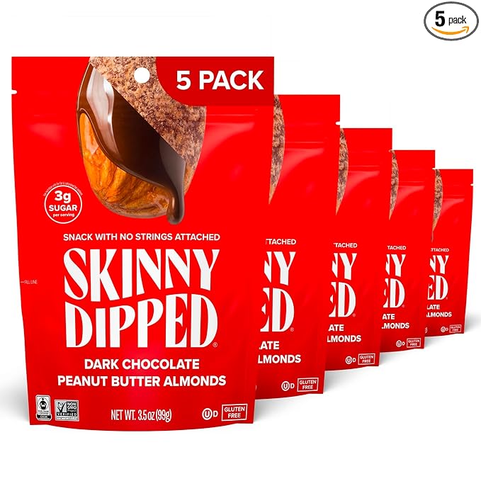 SkinnyDipped Dark Chocolate Peanut Butter Almonds, Healthy Snack, Plant Protein, Gluten Free, 3.5
