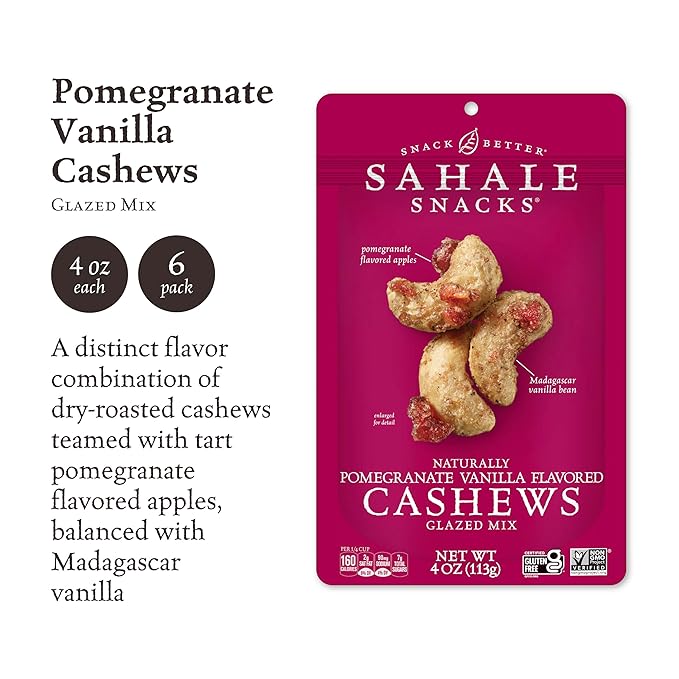 Sahale Snacks Pomegranate Vanilla Cashews, 4 oz Pouches (6 Packs) - Dry-Roasted Deluxe Mixed Nuts