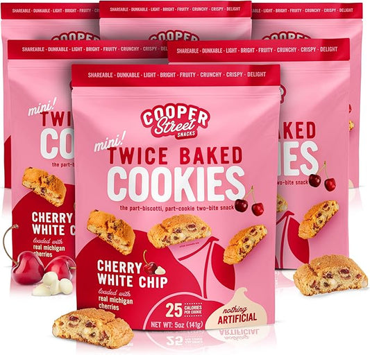 COOPER STREET Twice Baked Cherry White Chip Biscotti Cookies - Crispy Mini Biscotti Cookies Ideal