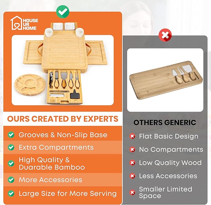 Large Bamboo Charcuterie Boards Gift Set with 4 Hidden Drawers, Cheese Knives, Ceramic Bowls &