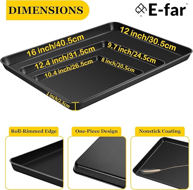 E-far Cookie Baking Sheet Set of 3, Nonstick Metal Sheets Pans Jellyroll Trays for Oven