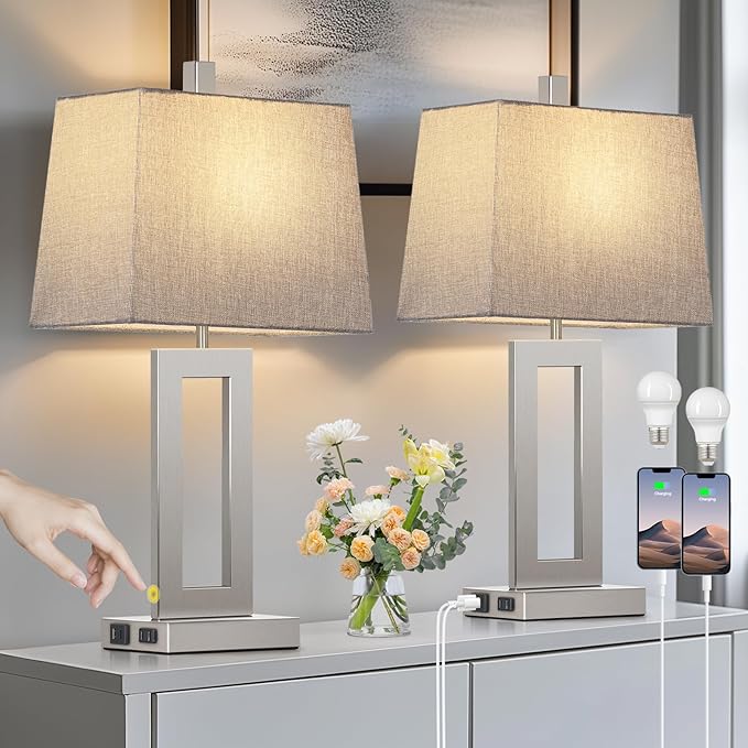 Touch Control Table Lamp Set of 2, Modern Silver Bedside Lamps with USB C+A Ports & AC Outlet, 3