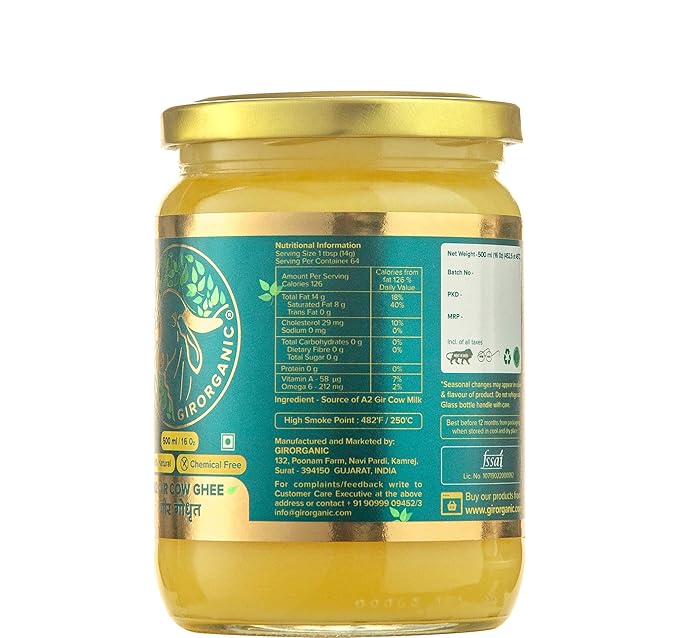 GirOrganic Grass Fed A2 Ghee | Clarified Butter (16 Oz) - Unsalted Gir Cow Ghee Butter - Organic