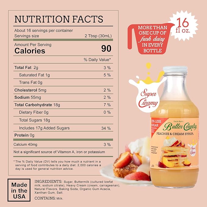 Butter Country Rich & Creamy Peach Syrup for Pancakes and Waffles, All Natural Fruity Topping Use
