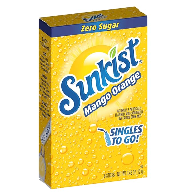 Sunkist Soda Mango Orange Singles To Go Drink Mix, 12 Boxes with 6 Packets Each - 72 Total Servings