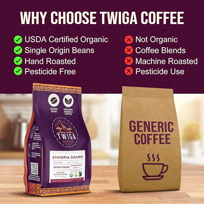 Twiga Coffee Premium Ethiopian Sidamo Whole Bean Coffee ??Organic Medium Roast Arabica with Berry