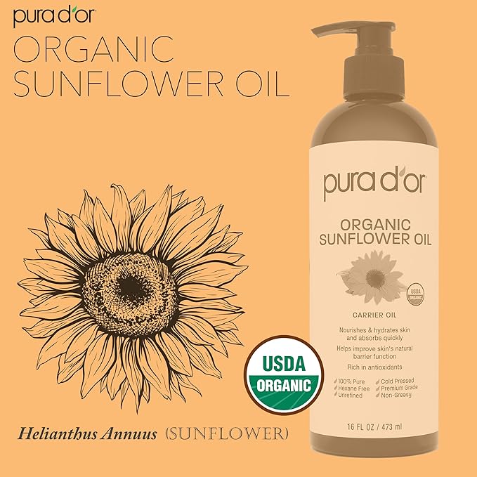 PURA D'OR 16 Oz ORGANIC Sunflower Seed Oil - 100% Pure & Natural USDA Certified Cold Pressed