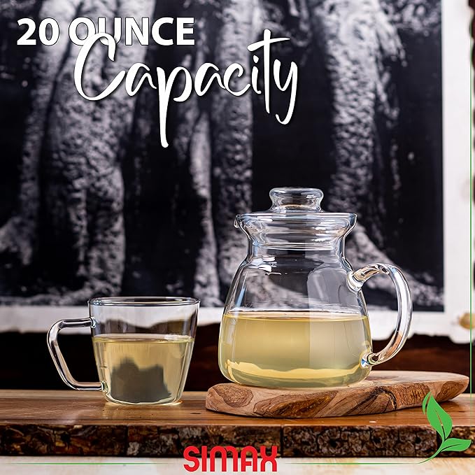 Simax Glassware 20 Oz. Glass Teapot | Short Spout, Microwave and Stovetop Safe, Heat, Cold, and