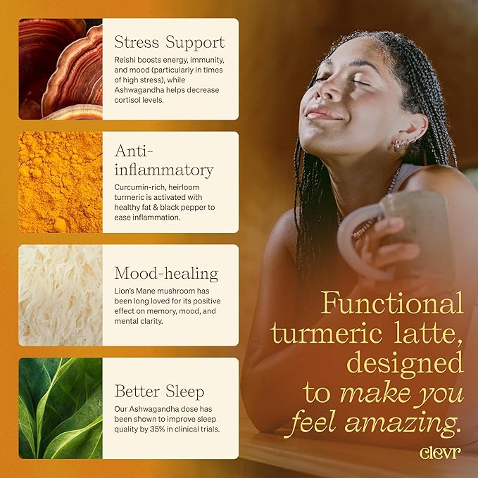 Clevr Blends Turmeric Powder, Golden Milk Instant Latte Mix, Superfood Powder with Oat Milk, Lions