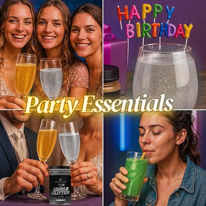 BeePoint Silver Edible Glitter for Drinks 15g - Food Grade, Vibrant Color Shimmer Powdered Dust for
