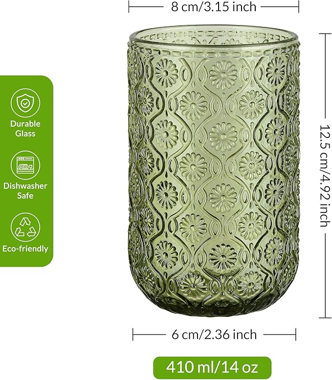Joeyan Vintage Drinking Glasses,Embossed Floral Highball Glass Water Tumbler,14 oz Colored