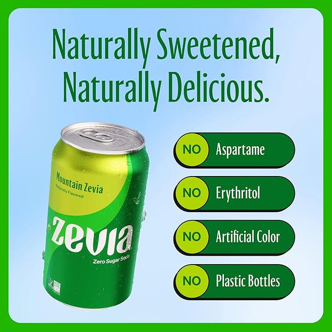 Zevia Zero Sugar Soda, Mountain Zevia, 12 oz Cans (24-Pack) ??Naturally Sweetened, Non-GMO Project