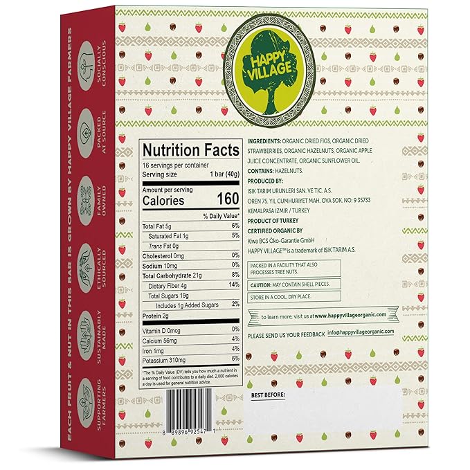 Happy Village Organic Fruit & Nut Bars, STRAWBERRY | Gluten Free, No Refined Sugar, Kosher