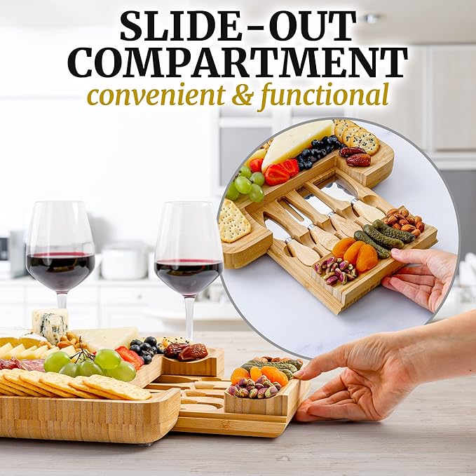 Zulay Kitchen Premium Bamboo Cheese Board Set - Extra Thick Bamboo Charcuterie Board Set with 4