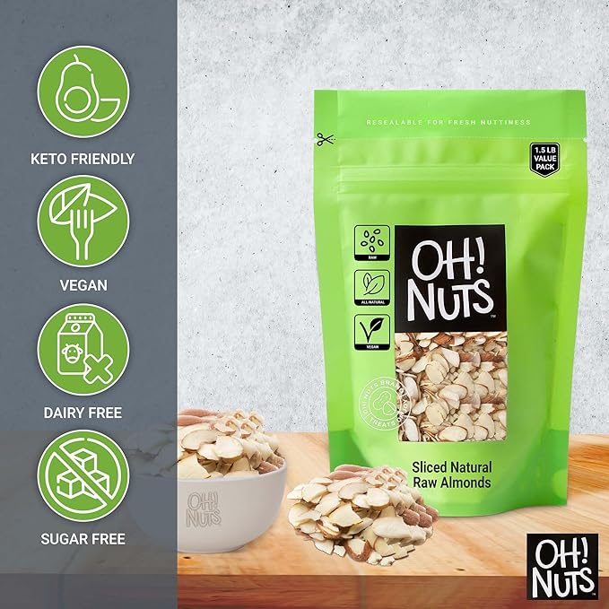 Oh! Nuts Raw Natural Sliced Almonds - 100% Natural - Sliced Almonds - 1.5 lb - Almonds Raw - Packed