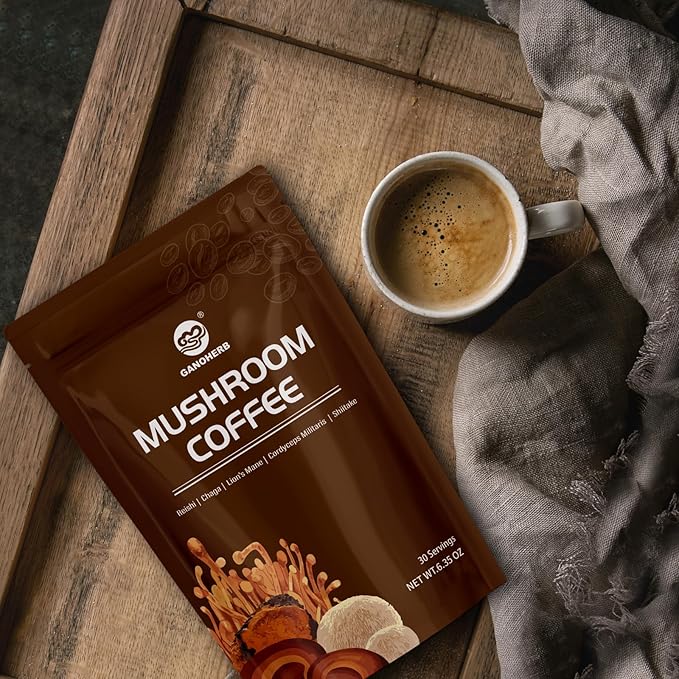 GANOHERB Instant Mushroom Coffee Powder, Arabica Coffee Mix with 5 Adaptogen Mushrooms, Lions Mane