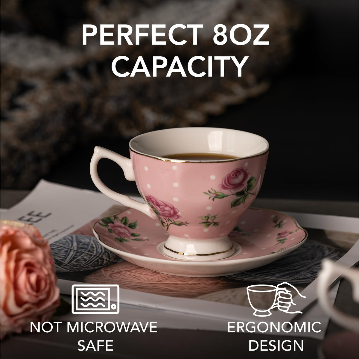 BTaT- Floral Tea Cups and Saucers, Set of 4, 8 oz, Fine Porcelain Teacup Set with Gold Trim for