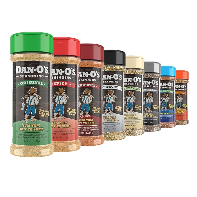 Dan-O's 8 Bottle Seasoning Set, Extra-Small Bottles, 8 Pack, Includes Original, Spicy, Chipotle