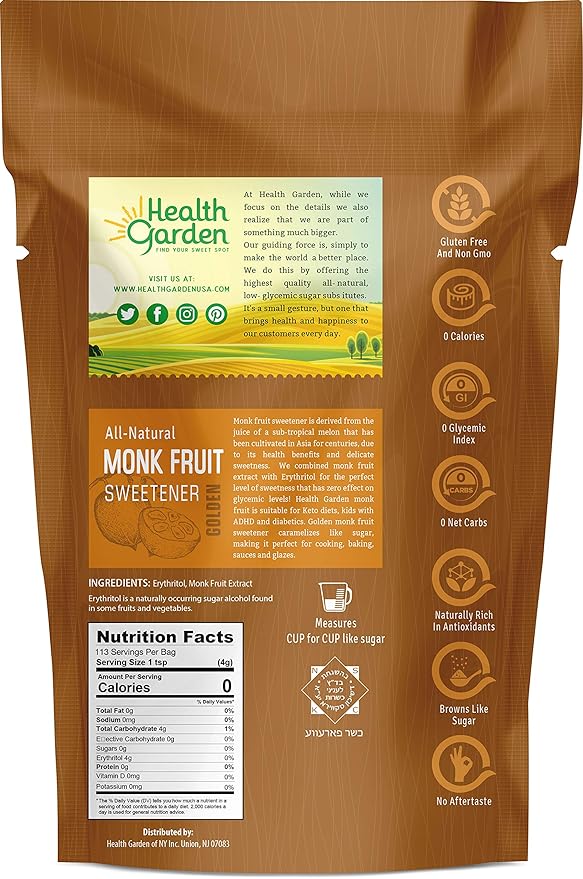 Health Garden Monk Fruit Sweetener, Golden - Non GMO - Gluten Free - 1:1 Sugar Substitute - Kosher