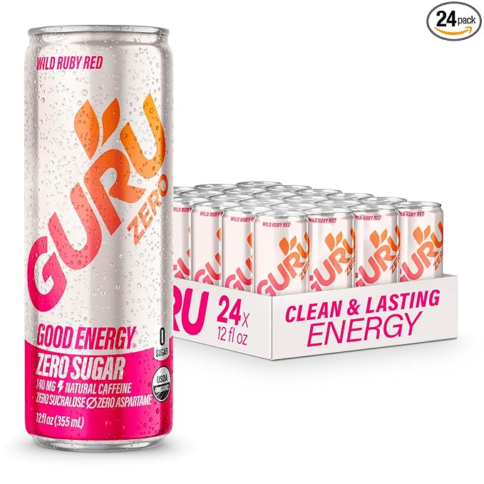 GURU ZERO SUGAR Wild Ruby Red Organic Energy Drinks, Clean Energy Drink with Plant Based Natural
