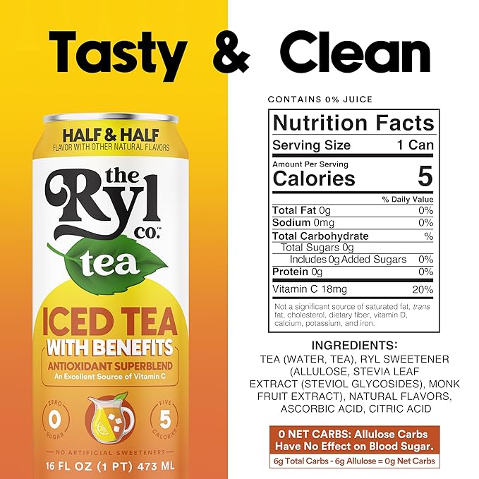 Ryl Half & Half Iced Tea – Antioxidant Superblend, No Artificial Ingredients, Zero Sugar, Five