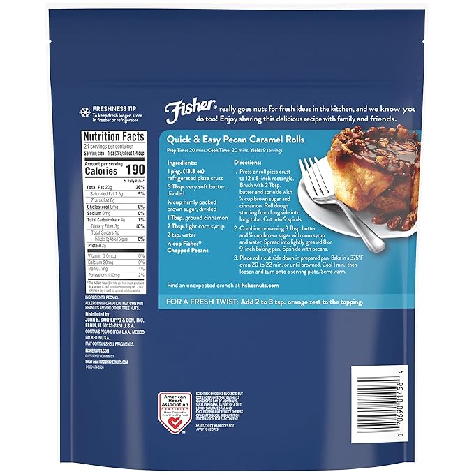 Fisher Chef's Naturals Unsalted Chopped Pecans 24 oz Resealable Bag, Unsalted Raw Nuts for Cooking