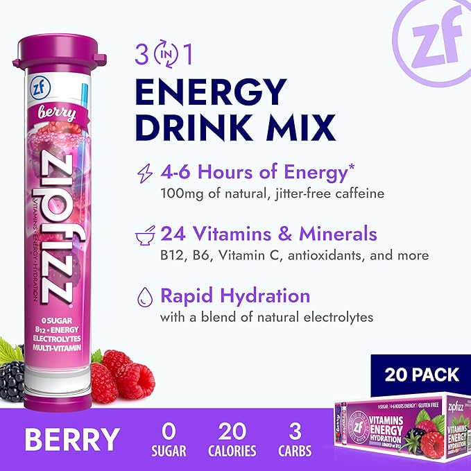 Zipfizz Daily Energy Drink Powder, Berry, 20 Pack | 3-in-1 Sustained Energy, Rapid Hydration, and