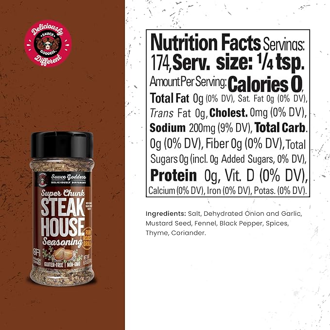 Sauce Goddess - Super Chunk Steakhouse Spice Shaker - Steak Seasoning, BBQ Rub for Chops, Chicken &