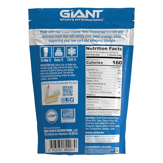 Giant Sports Keto Cheesecake Shake Mix - Delicious Low Carb, Ketogenic Diet Gluten Free Powder Mix