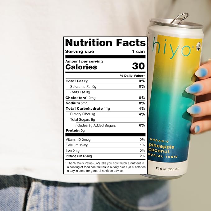 Hiyo Organic Social Tonic - Pineapple Coconut, 12 Pack - N.A. Functional Seltzer, Sparkling Water