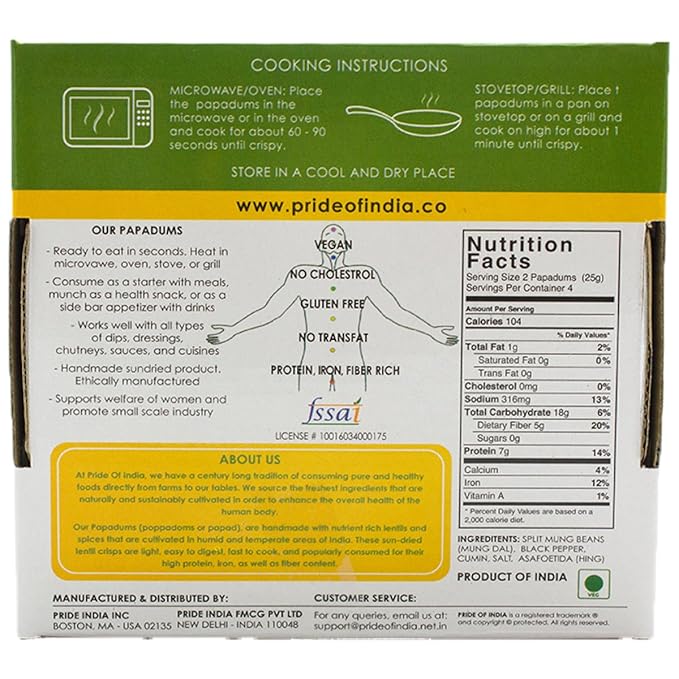 Pride Of India - Mung Bean Plain Papadum Lentil Crisp, 10 count (3.53oz - 100gm) - Plant Based