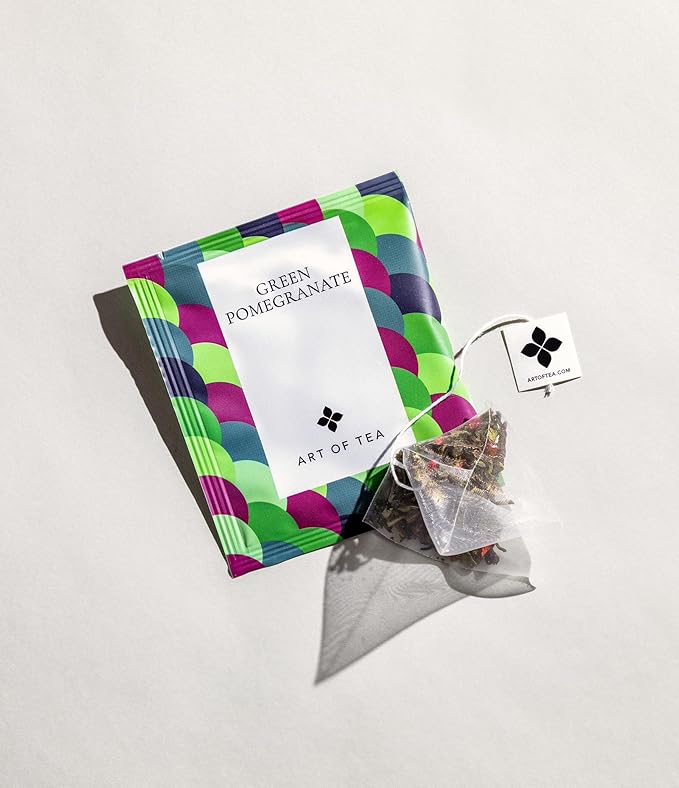 Art of Tea | Organic Green Pomegranate Tea| 50 Eco Friendly Pyramid Tea Bag Sachets