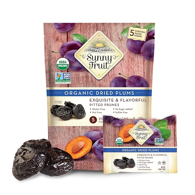 Sunny Fruit Soft Organic Prunes - 6 Bags (30 Individual Portion Packs) | No Preservatives, No Sugar