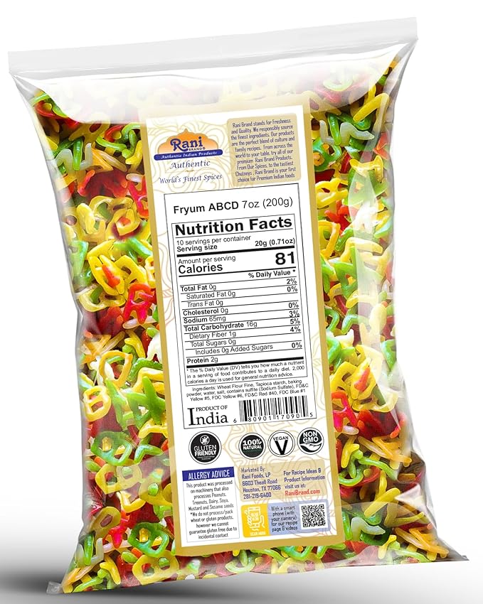 Rani Far Far/Fryums (Wheat & Tapioca Pellet) ABCD Shape 7oz (200g) ~ Vegan, Kosher, Uncooked, Used