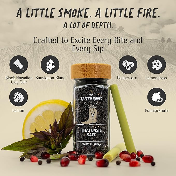 The Salted Roots - Smoked Thai Basil Salt - Infused with Thai Basil, Sauv Blanc, Lemongrass &