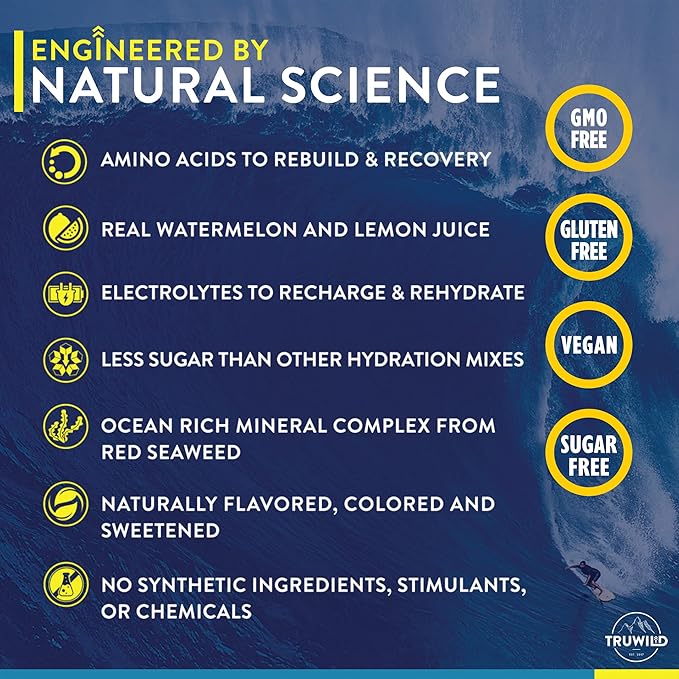 TruWild Natural Hydration Powder with Zero Sugar, Vegan Electrolytes + Amino Acids, Recovery Drink