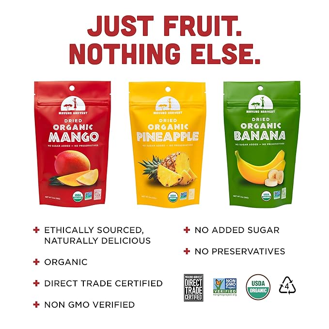 Mavuno Harvest Organic Dried Fruit Variety Pack | Dried Mango, Pineapple, and Banana | Healthy