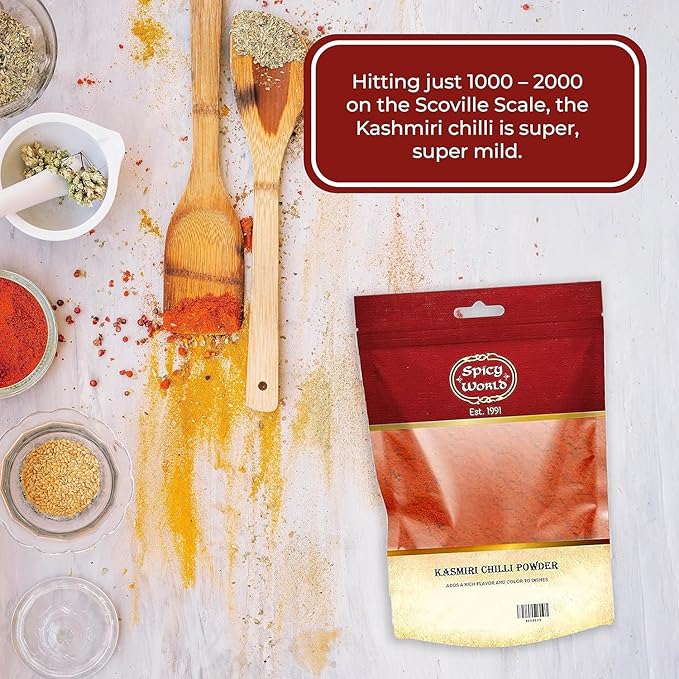 Spicy World Kashmiri Chili Powder Red 2 Ounce bag | All Natural Low Heat, Red Chili Powder - Red