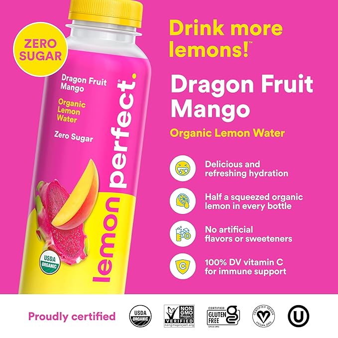 Lemon Perfect Dragon Fruit, Flavored Lemon Water, Organic, Zero Sugar, Healthy Hydration Drinks
