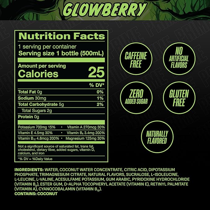 PRIME Hydration GLOWBERRY, Sports Drinks, Electrolyte Enhanced for Ultimate Hydration, 250mg BCAAs