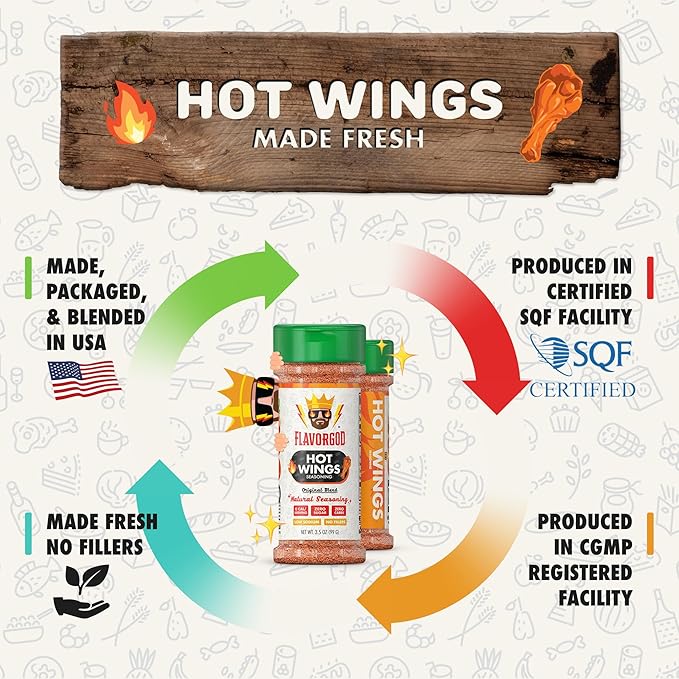 Hot Wings Seasoning Mix by Flavor God - Premium All Natural & Healthy Spice Blend for Chicken