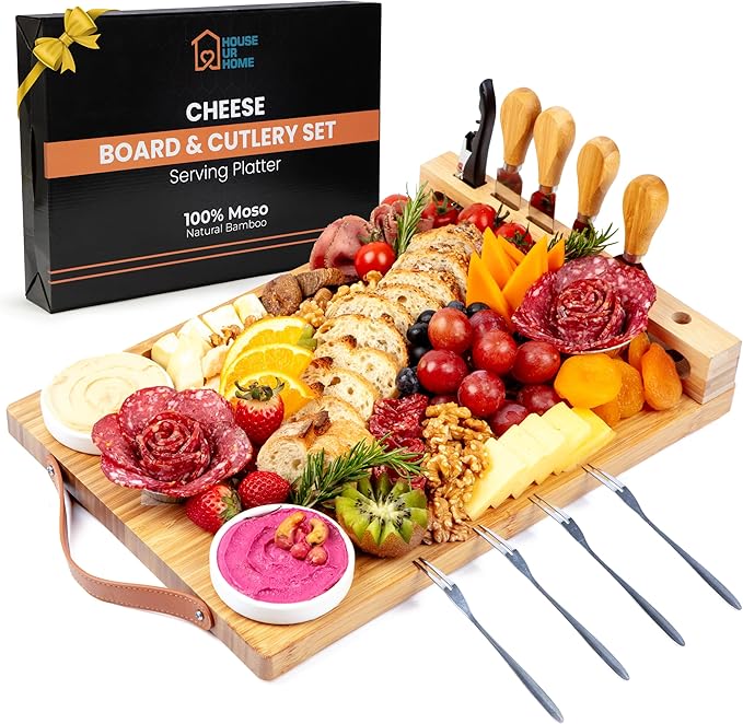 Bamboo Charcuterie Boards Gift Set with Leather Handles, Knife Set, Wine Opener, Ceramic Bowls &