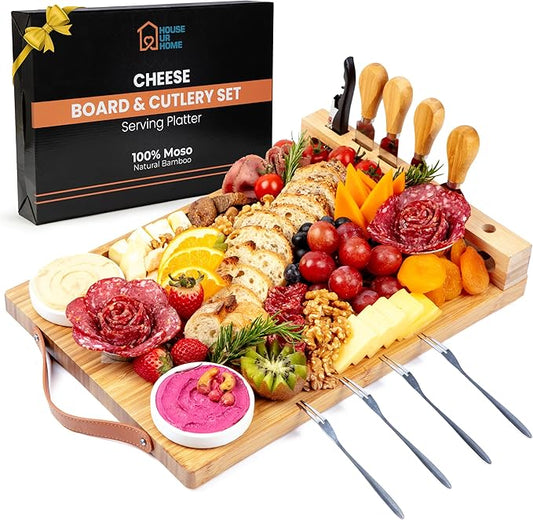 Bamboo Charcuterie Boards Gift Set with Leather Handles, Knife Set, Wine Opener, Ceramic Bowls &